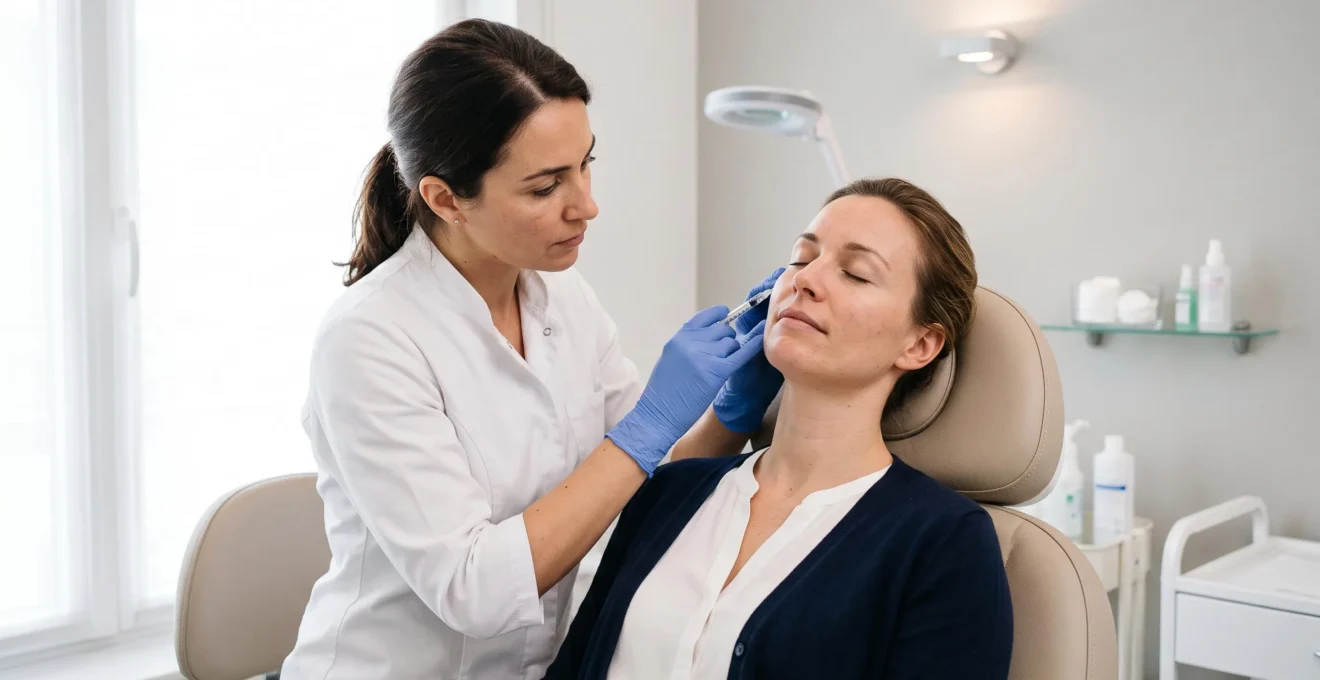 Een arts voert een cosmetische injectie uit bij een vrouwelijke patiënt in een lichte behandelkamer van een esthetische kliniek.