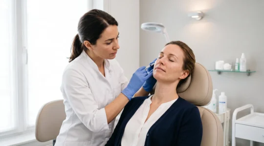 Een arts voert een cosmetische injectie uit bij een vrouwelijke patiënt in een lichte behandelkamer van een esthetische kliniek.
