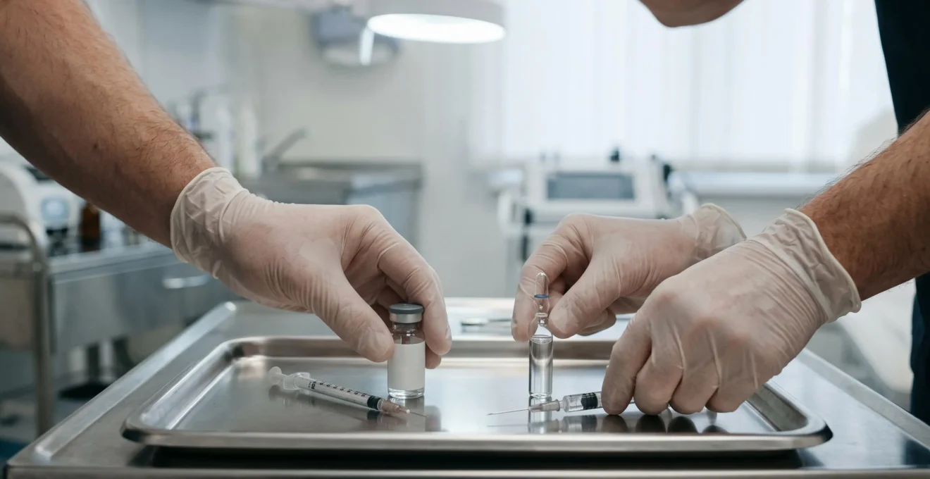 Steriele handen bereiden twee verschillende injectievloeistoffen met spuiten voor op een roestvrijstalen bakplaat.